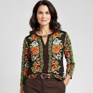 Susan Graver Fall Floral Top Sz M Liquid Knit 3/4 Sleeve‎ Tunic Blouse  M